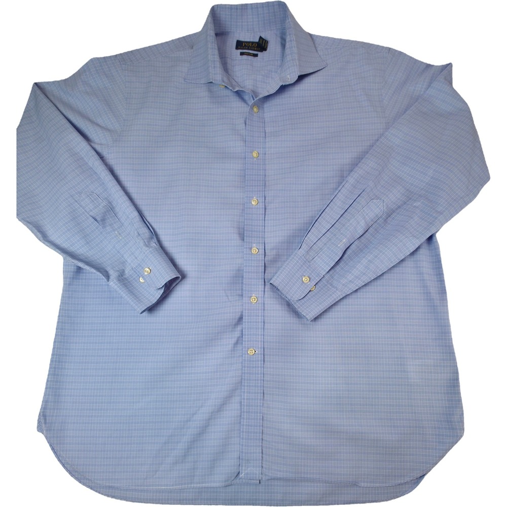 Polo Ralph Lauren Dress Shirt Mens 17.5 34/35 Blue Micro Check Easy Care Shirt